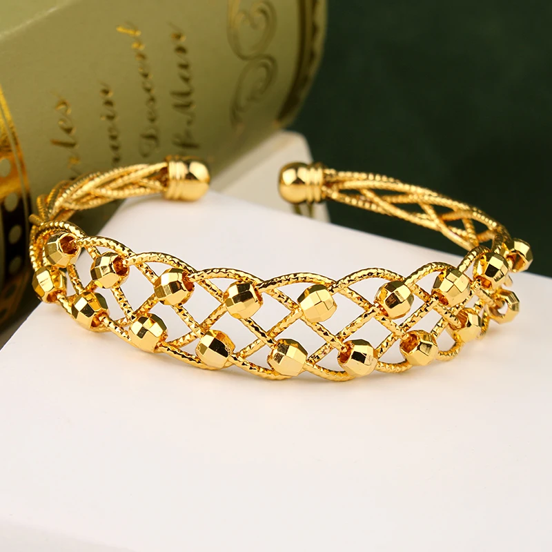 New Handmade Beads Bangle Cooper Gold Plated Open Cuff Bracelet Arabic Women Jewelry  Bijoux De Luxe Femme En Bride Gifts