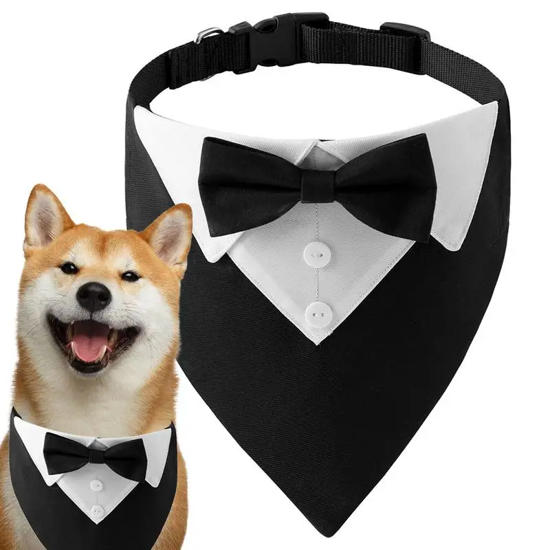 Formal Dog Tuxedo Wedding Bandana Collar with Bow Tie Adjustable Pet Neck Tie Neckerchief Bandana for Small Medium Large Dogs