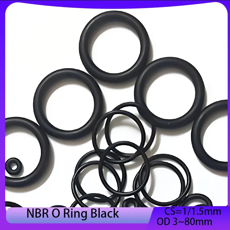 

NBR O Ring Gasket Nitrile Rubber Round O Type Corrosion Oil Resist Sealing Washer Black Thickness CS 1/1.5mm OD 3~80mm 50Pcs