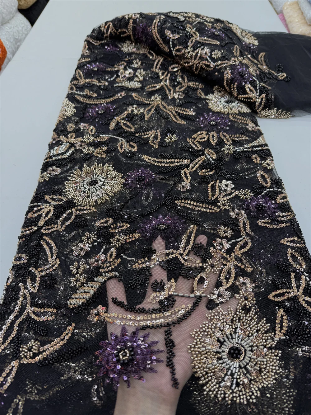 

African Nigerian Sequins Embroidery Tulle Lace Fabric, Sewing Beads Stone Prom Dresses, High Quality, 5Yards, 2025 JY407