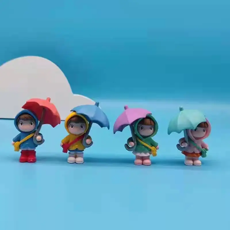 4Pcs/Set Umbrella Girl Mini Cute Little Girl In Backpack Raincoat Micro-landscape Car Ornaments Home Garden Decoration