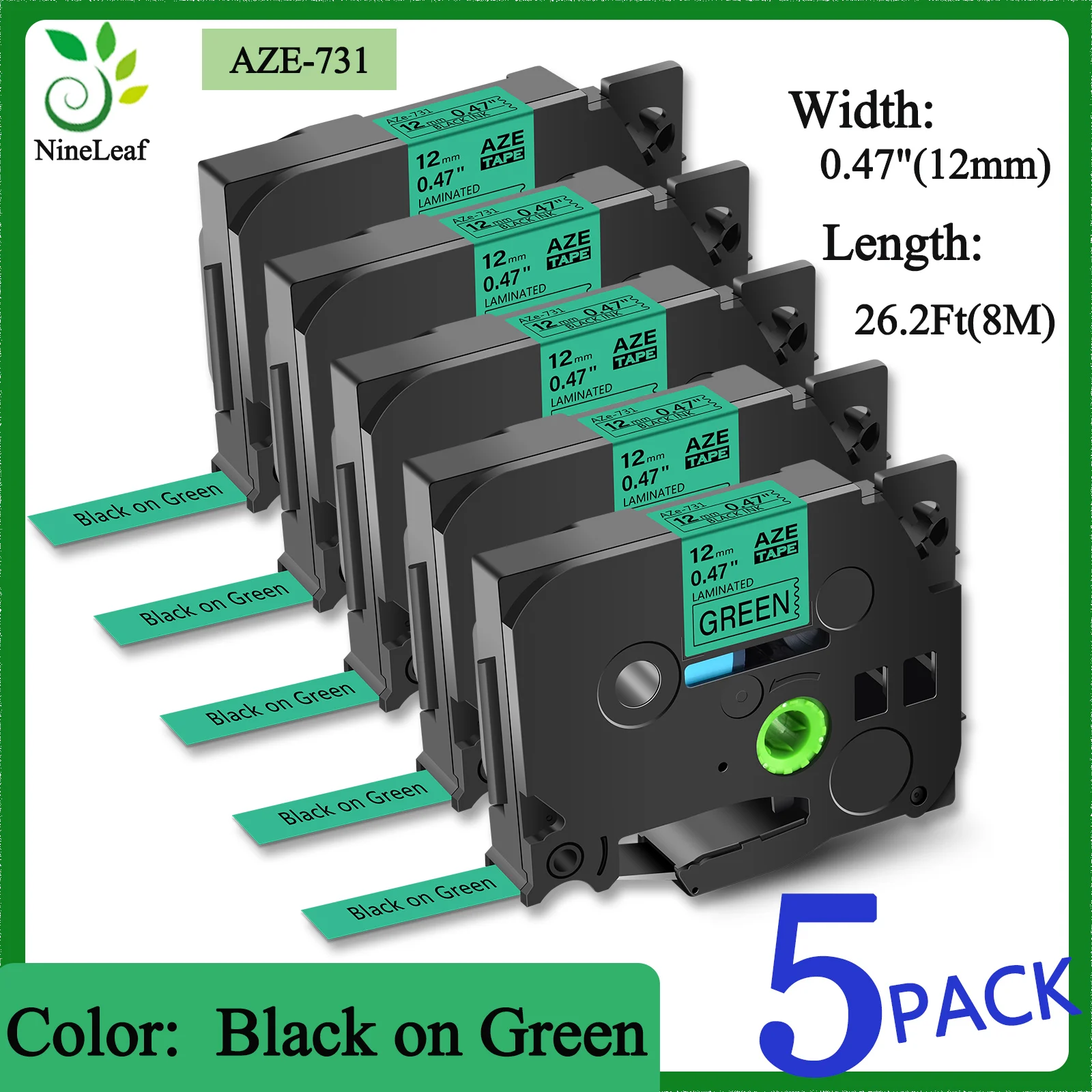 

5PK Label Tape Laminated 12mm x 8m Compatible Brother Tze 731 Tape Black on Green For Printer PTD410 PTD610 PTE300 PTD460BT