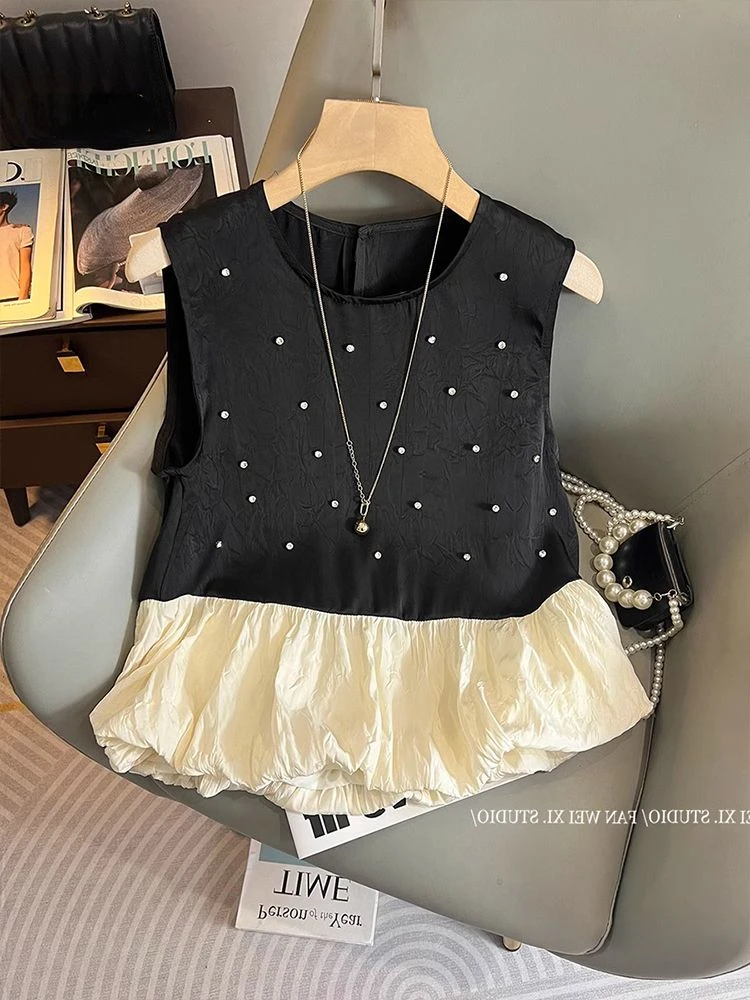 Diamond Studded Contrast Color Patchwork Ruffle Edge Sleeveless Vest Tank Top  Crochet Y2k Ropa De Mujer Camis Doll Shirts