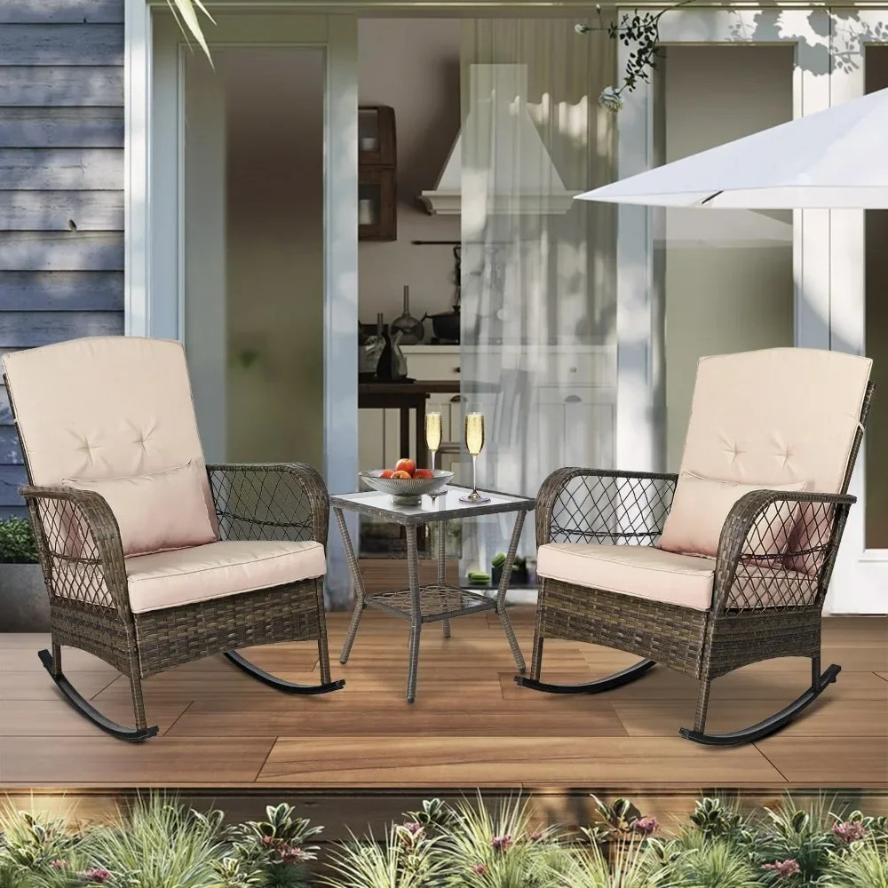 3 Pieces Patio Conversation Set w/ 2 Rattan Wicker Rocking Chairs and Glass Table,for Garden Backyard Lown Porch (Beige)