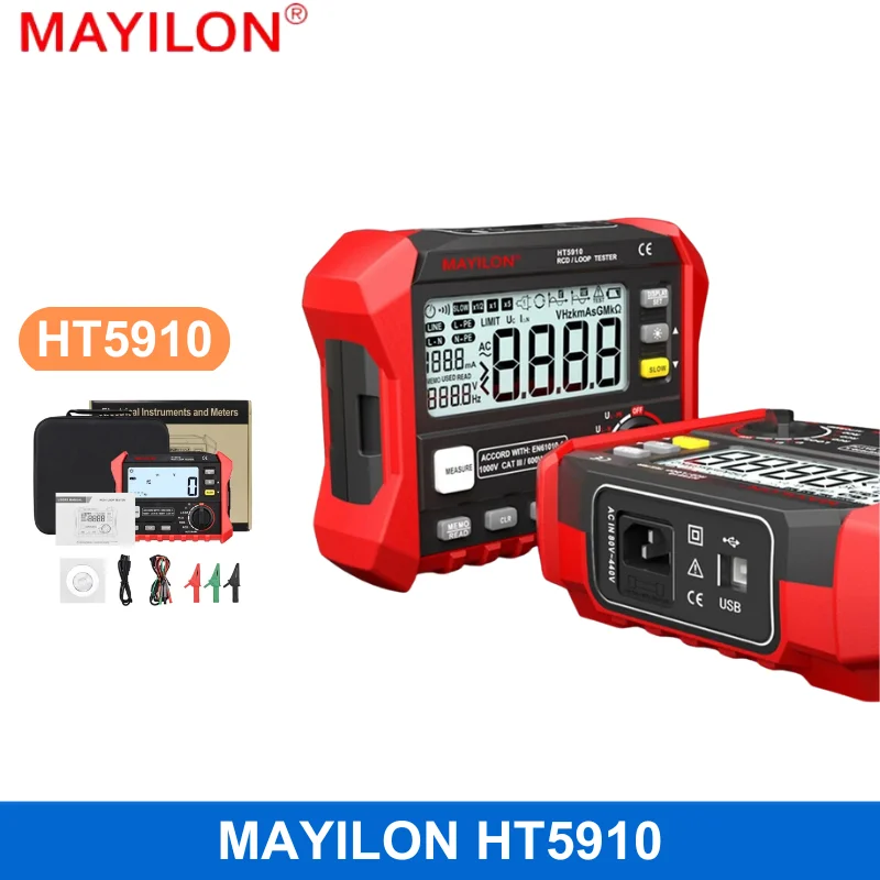 

MAYILON HT5910 Digital Resistance Meter LCD RCD/Loop Tester 1000 Data Storage Voltmeter Leakage Switch Tester 4.7 Inch