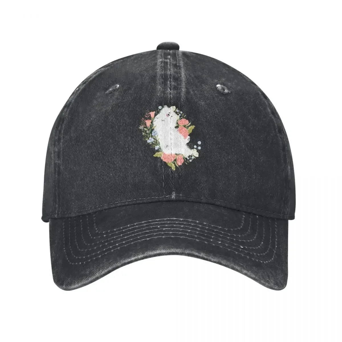 American Eskimo Dog and Flowers - Purple Background Baseball Cap Bobble Hat Ball Cap Mens Women's