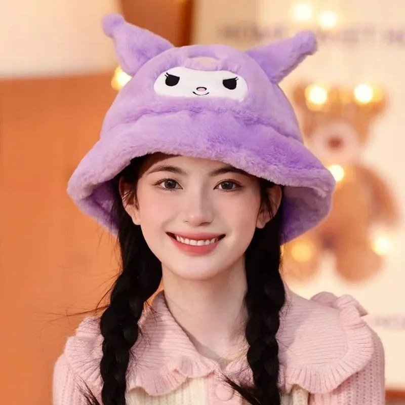 Christmas New Kawaii Sanrio Anime Cartoon Kuromi My Melody Cinnamon Roll Innovative Winter Warm Plush Bucket Hat Cute Girl Gift