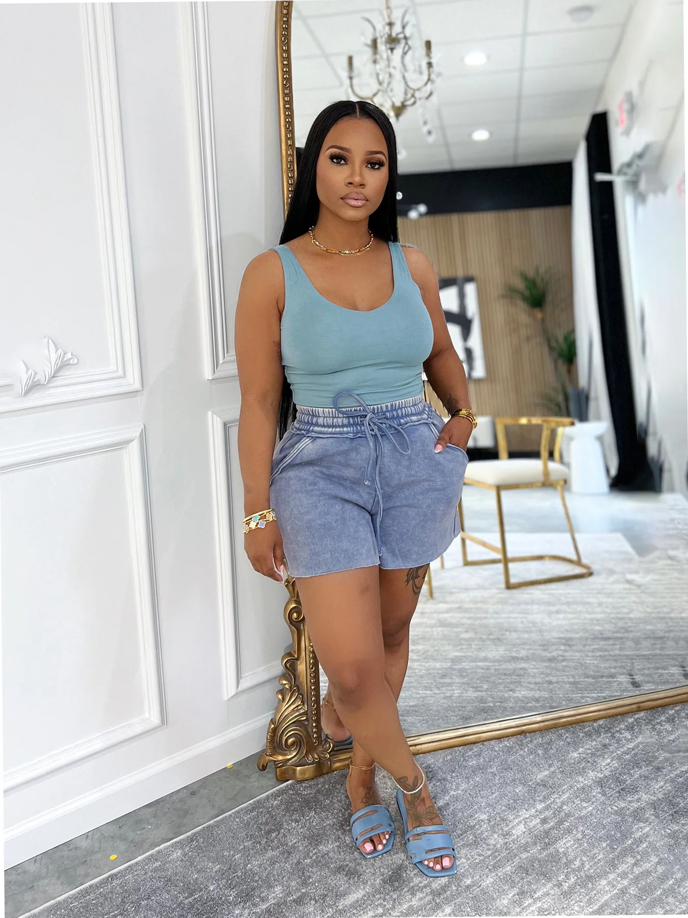 

American New Fashion Women's Solid Color Casual Trendy Slim 2 Piece Sets Sleeveless O-neck Vests Washed Shorts Female Clothes