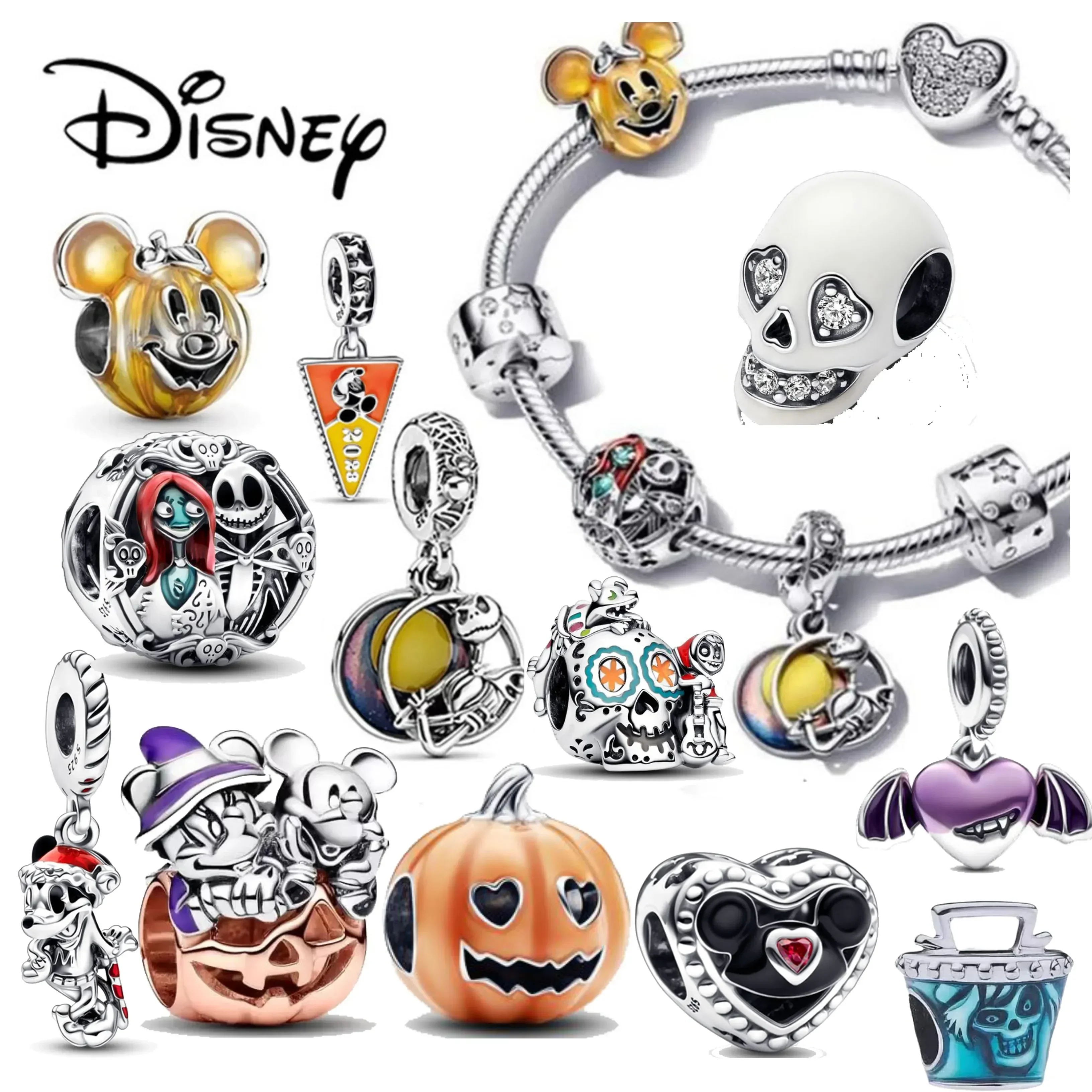 Disney 925 srebrny wózek księżniczki z dynią Mickey Minnie Dumbo Halloween Alien Charm Puchatek ścieg koralik bransoletki Pandora DIY biżuteria