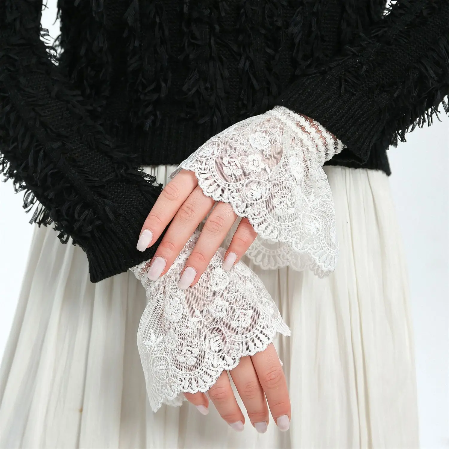 

White Shirt Detachable Lace Fake Sleeves Mesh Fake Flared Sleeves Pleated Lace Wrist Cuffs False Cuffs Sweater Blouse Fake Cuff