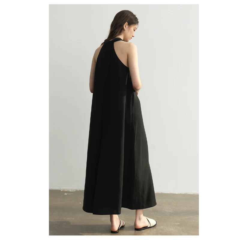 Pure Linen Women's Sleeveless Dress Dark Green V-neck Loose Long Dress Outdoor Leisure Period Women's Clothing Good quality