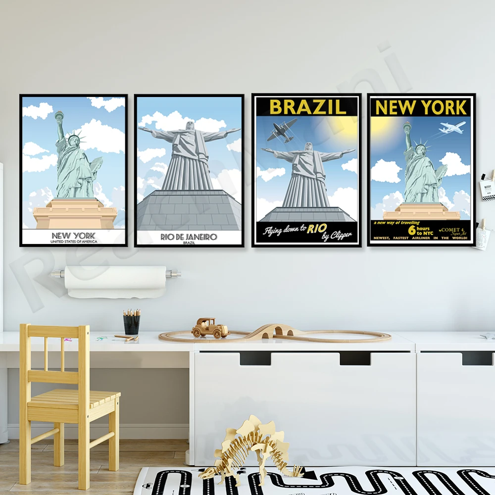 Statue of Liberty New York, Comet, New York City, Rio de Janeiro, Brazil, Christ the Redeemer, airliner, travel poster