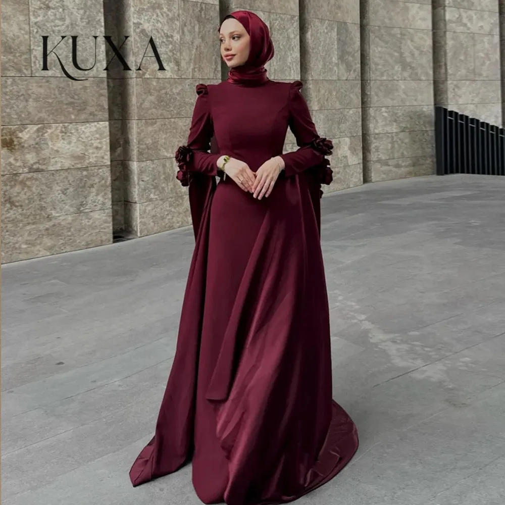 KUXA Maßgeschneiderte muslimische A-Linien-Abendkleider, bodenlang, lange Ärmel, Hofschleppe mit Hijab, 3D-Blumen, elegante Partykleider