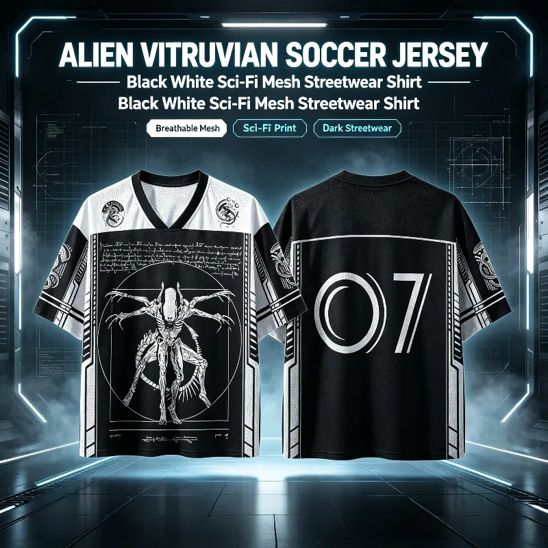 Witchcraft Manuscript Short Sleeved Jersey Black and White Contrasting Mechanical Border Back 07 Digital Loose Sports T-shirt