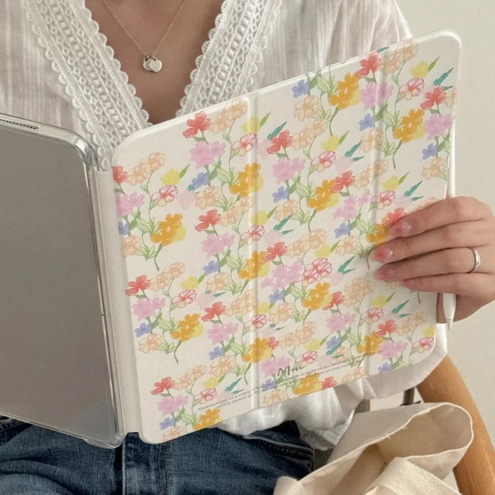 Blooming Aura Korea Ins Flower Exquisite Cute For iPad Case iPad 10 9 8 7 Air 5 4 3 2 Pro 11 Mini Three Fold Transparency Cover