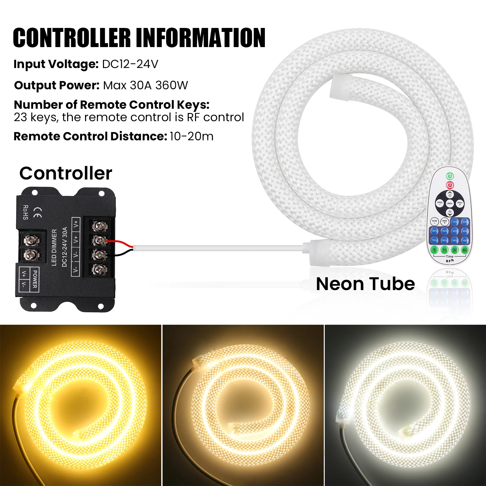 12V 24V Neon LED Strip With Dimmer Power Supply Round Reticulate Pattern IP67 Waterproof 240Leds/m Flexible Neon Light Strip