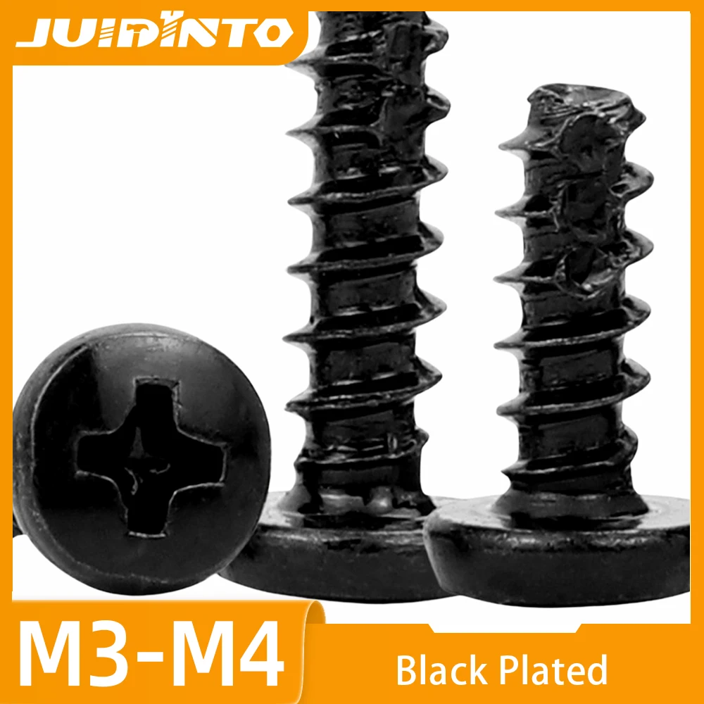 JUIDINTO 30-50pcs/bag Cross Pan Head Cutting Tail Self Tapping Screw Black Plated Carbon Steel BT Phillips Head Screw M3 M3.5 M4
