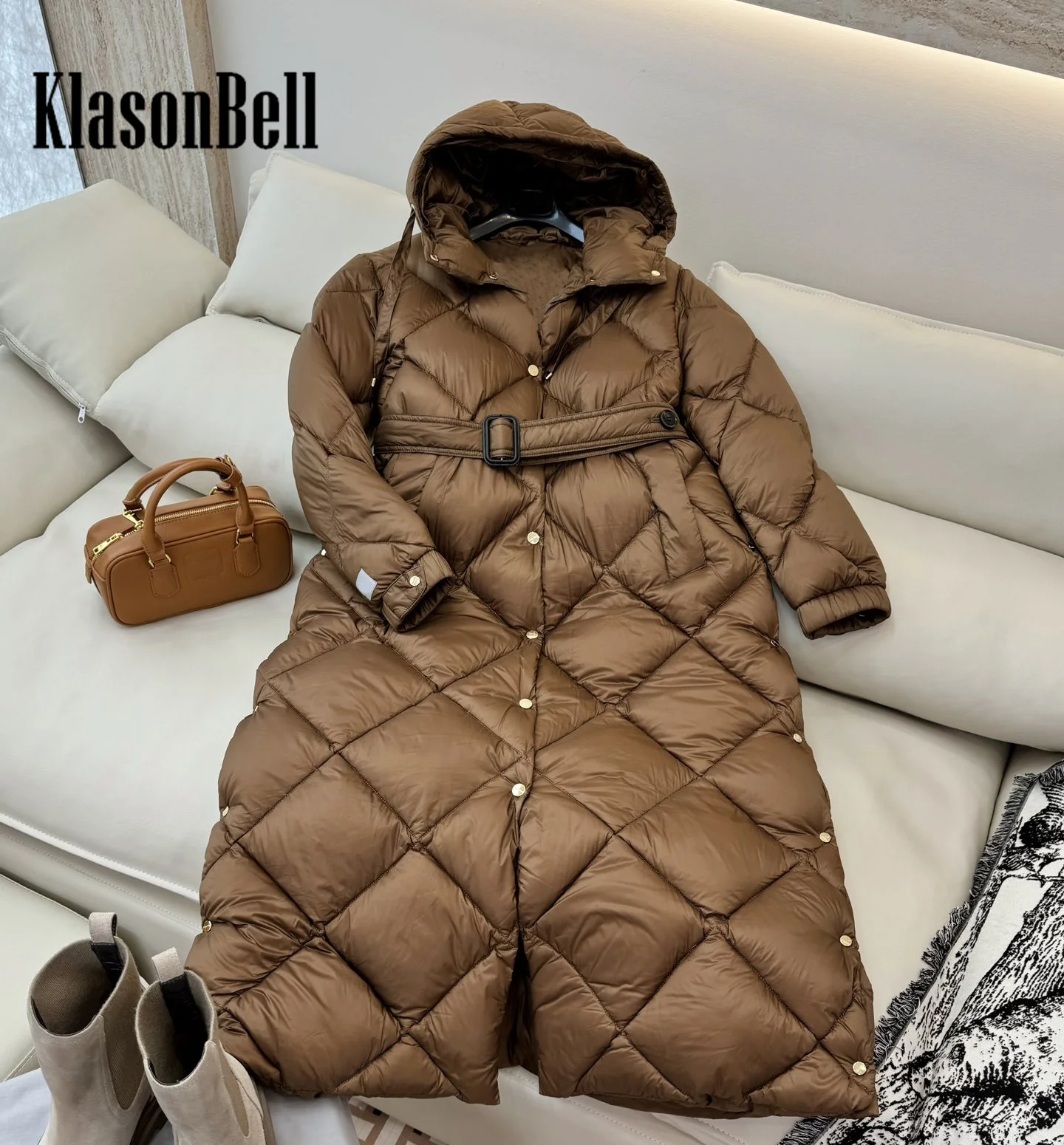 9.5 KlasonBell Women Quilted Argyle Plaid Hooded Goose Down Outerwear Long Sleeve Sashes Slim Long Keep Warm Down Jacket