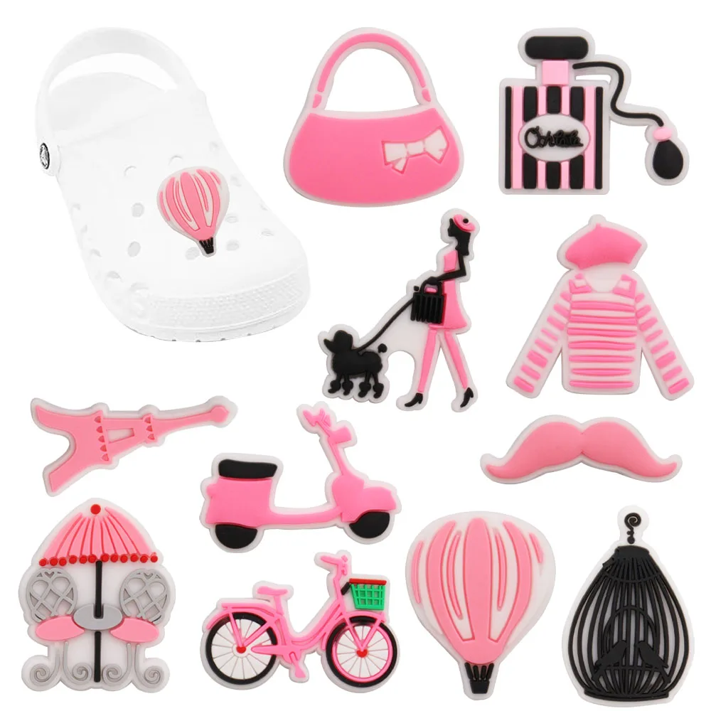 Sell Retail 1-11pcs PVC Shoe Charms Pink Bicycle Carousel Balloon PVC Accessories Shoes Buckles Fit Wristbands Kids Party Gift