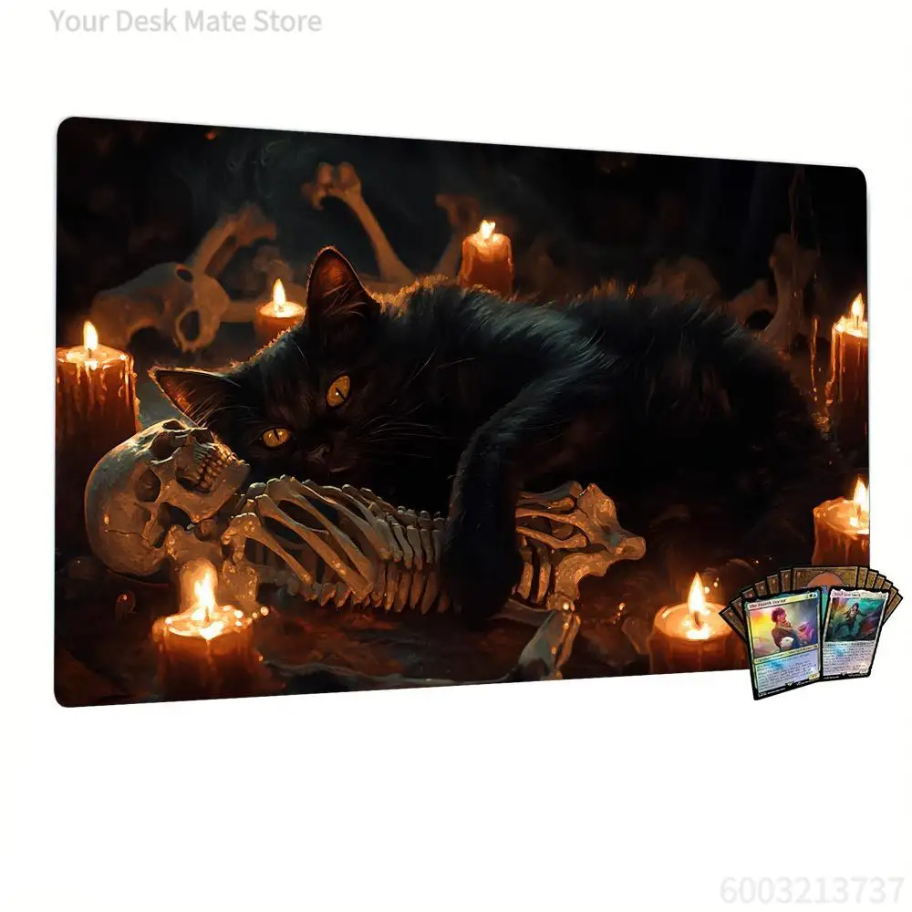 1 Stück Gotisches Schwarzes Katzenskelett Großes Gaming-Mauspad mit Verriegelungskante Rutschfeste Gummi-Schreibtischunterlage für TCG MTG Spiele