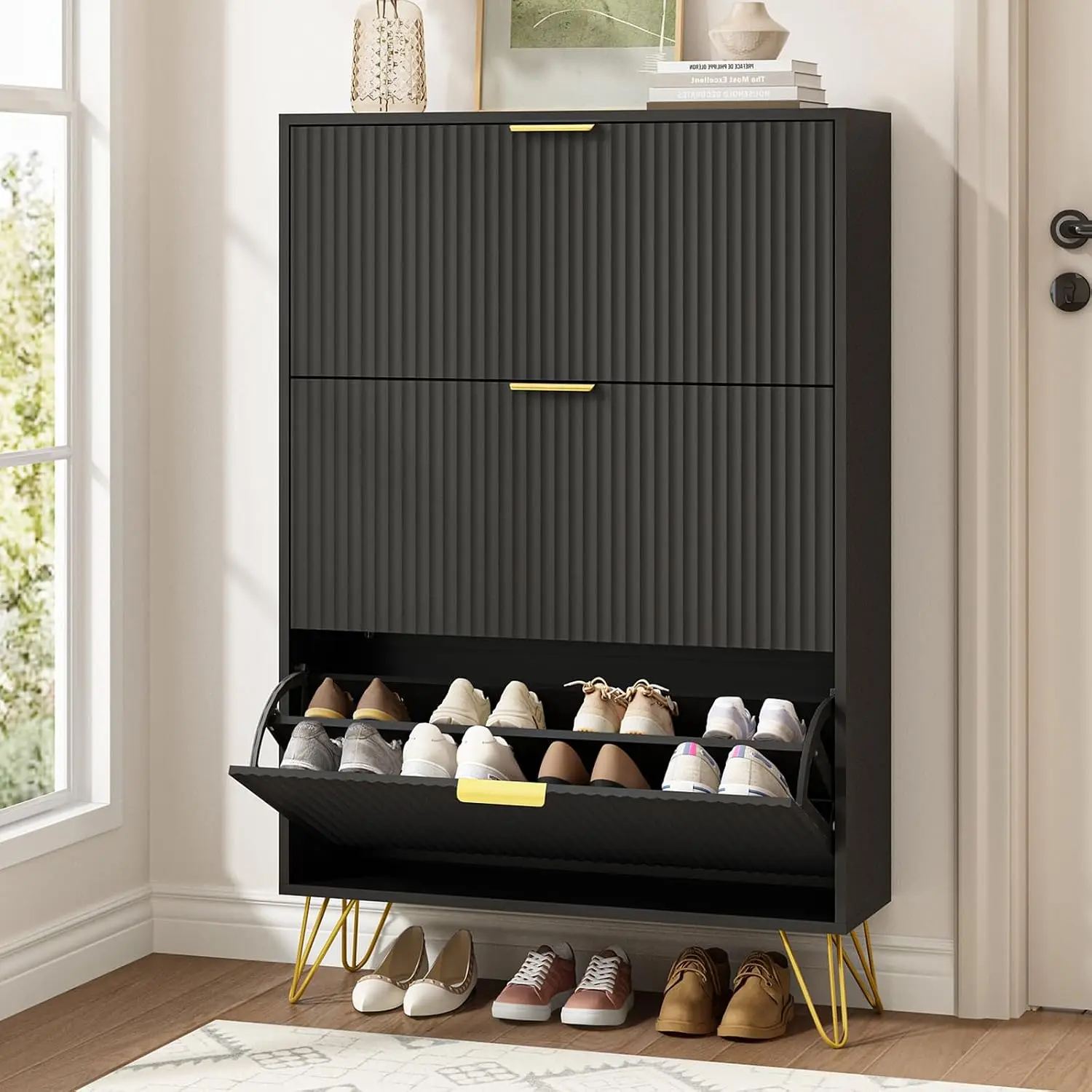 Fluted Shoe Cabinet 3 Flip Drawers Gold Handle Metal Legs Black Slim Hidden Storage Entryway Freestanding Organizer, Customized