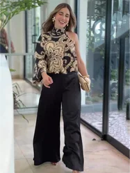 2024 summer fashion new women's suit asymmetrical sleeveless long sleeve top wide leg pants two-piece set