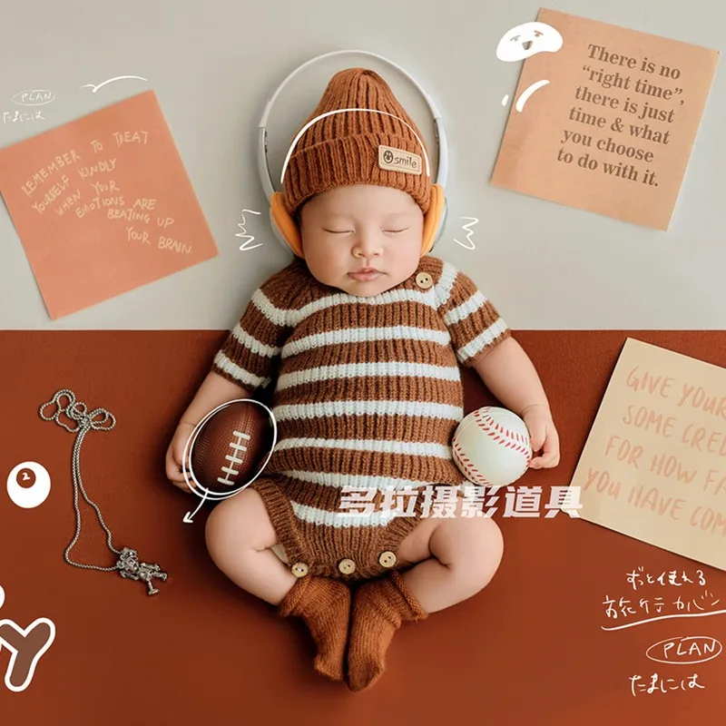 ❤️Newborn Photography Clothing Hat+Jumpsuit+socks+Necklace+Headset+Baseball+Rugby+Card Baby Boy Photo Props Accessories Outfits