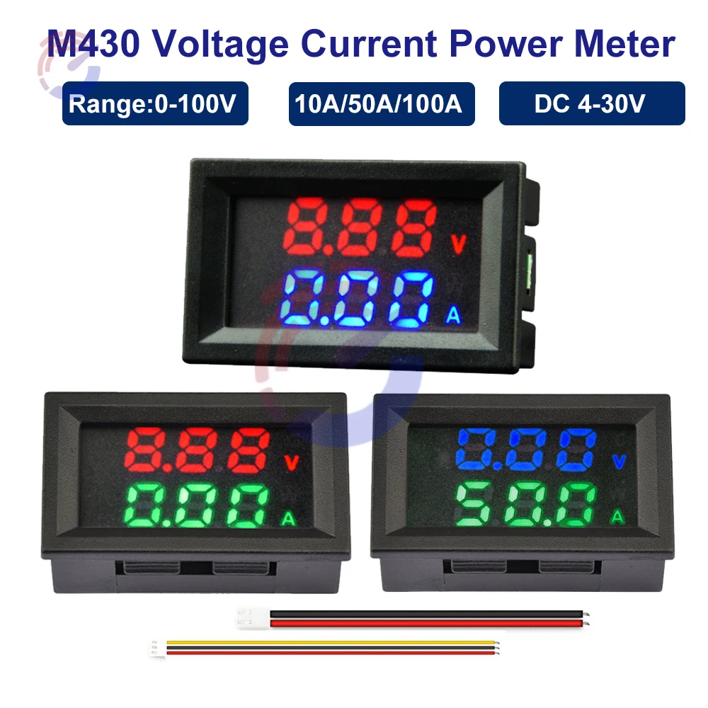 

M430 Digital Voltmeter Ammeter Power Meter 100V 10A/50A/100A Amp Voltage Current Meter Tester Dual LED Display with Connect Wire