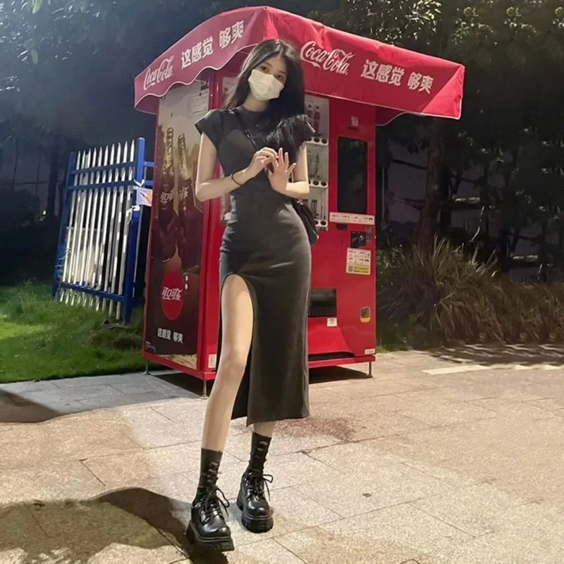 Summer Side-slit Dress Women Hotsweet Short Sleeve All-match Slim Mujer Harajuku Vestidos Solid High Street Y2k Chic Sexy Ladies