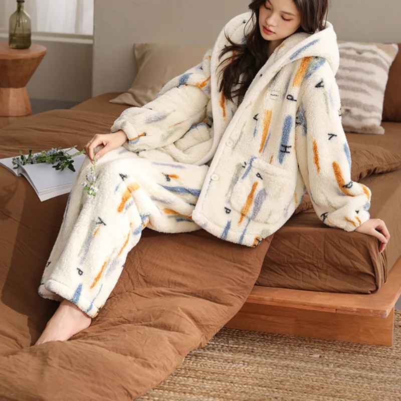 PJs Set Женский пижамный комплект Женские теплые зимние пижамы Модная домашняя одежда, утепленная пижама Милый и мягкий пижамный комплект новый