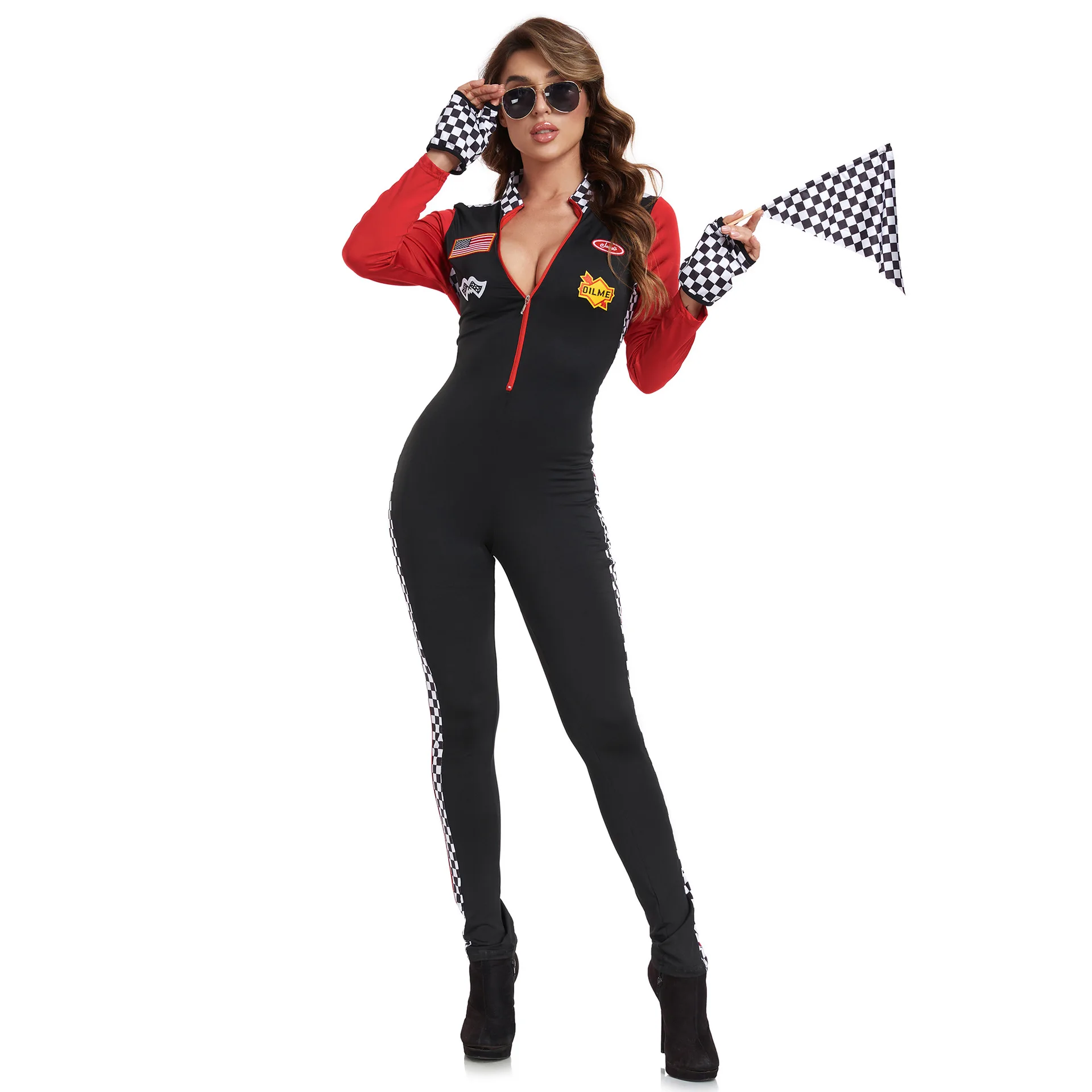 Donne Racing Girl Costume Race Car tuta attillata Sexy Race Driver uniforme Halloween Race Girl maniche lunghe Outfit Fancy Dress