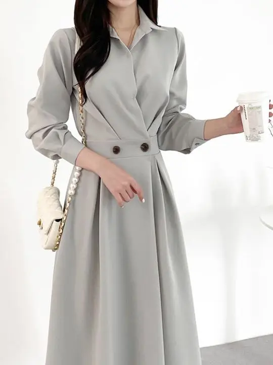 

Шикарное весеннее платье-рубашка с длинным рукавом для женщин, приталенное, с завязками на талии, роскошное, с оригинальными пуговицами, в корейском стиле