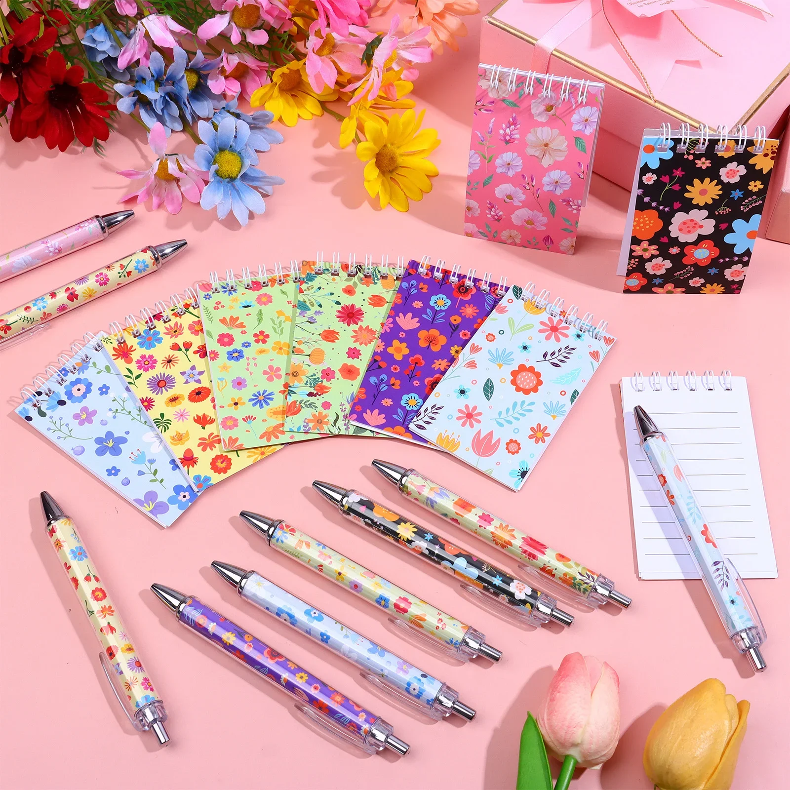 

24 Pcs Floral Stationery Set - 8 Styles Flower Spiral Notebooks Ballpoint Pens for Women, Office Supplies, Wedding Favors