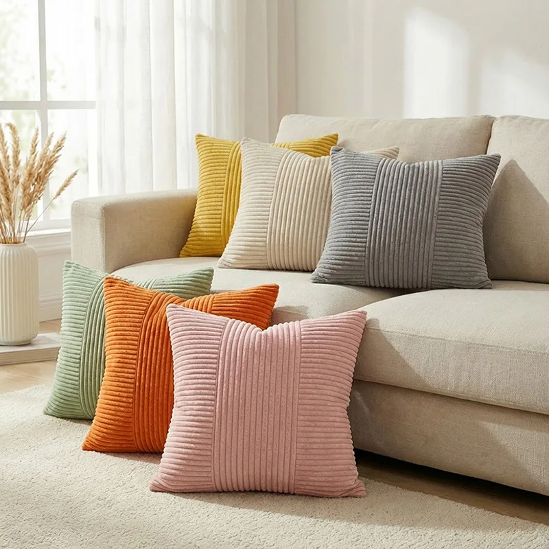 

Throw Pillows Cover 45x45cm Yellow Green Corduroy Striped Square Pillow Case,Western Modern Cushion Cover for Couch Sofa Bedroom
