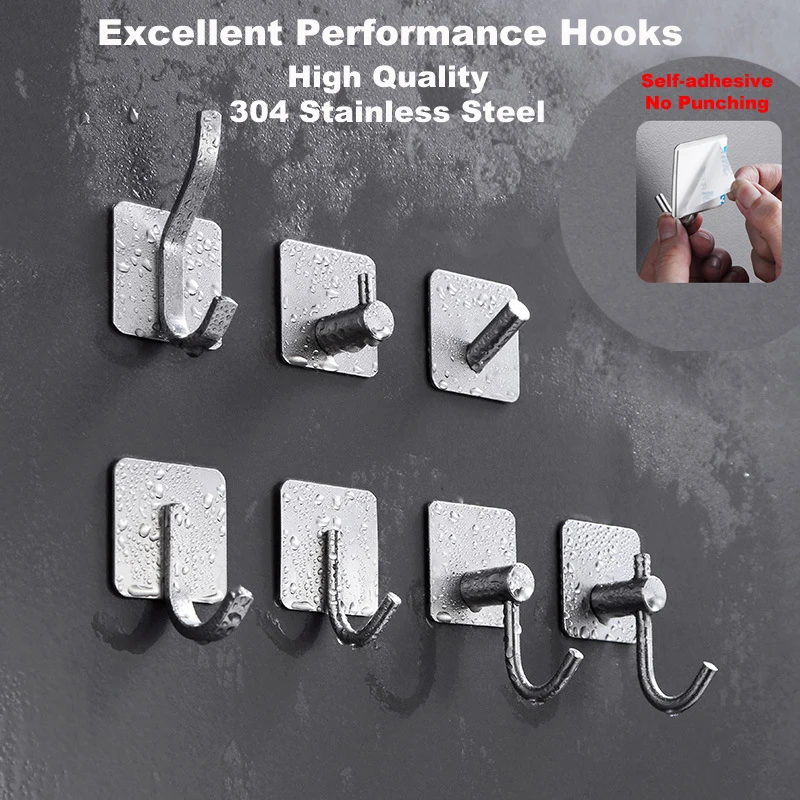 304 Stainless Steel Self Adhesive Hooks Shower Bath Accessories Kitchen Hanger Bathroom Hook Household Wall Hanging Organizer