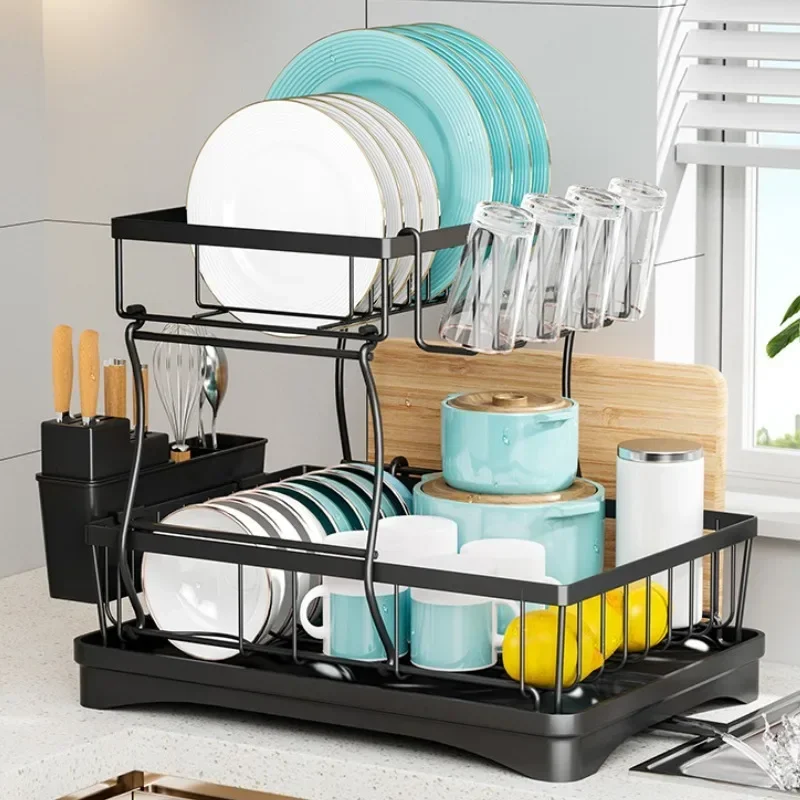 Large Capacity Dish Drying Rack Multifunctional Cutlery Organizer Drain Tray Swivel Drip Tube Efficient Storage Dish Drainer