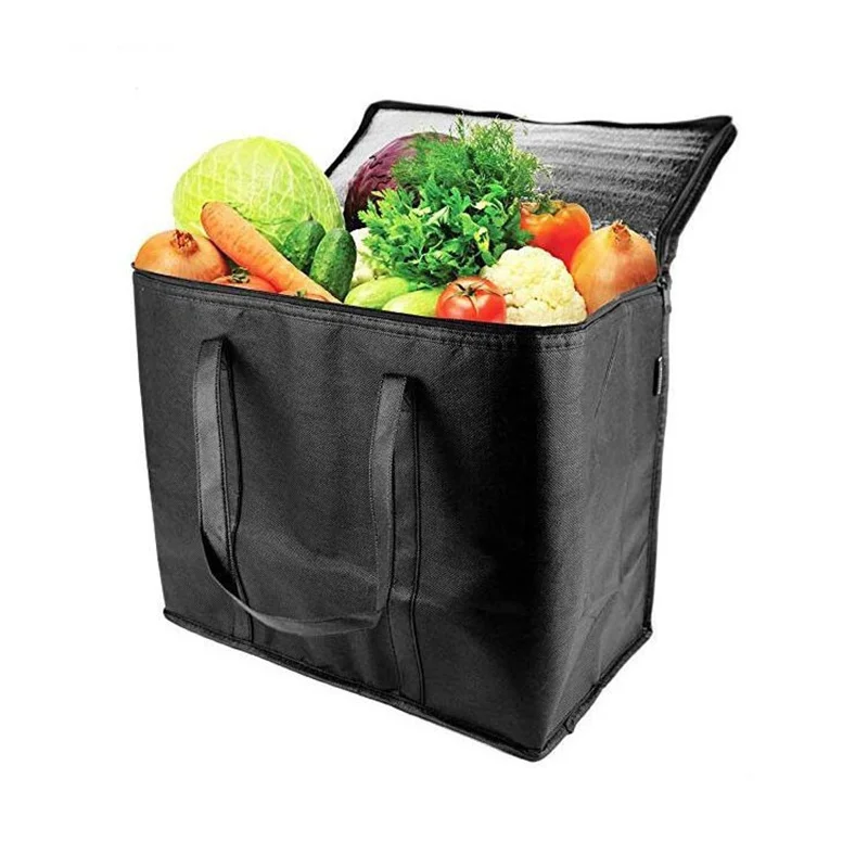Bolsa de almuerzo aislada Bento, bolsa térmica de gran capacidad tejida, negra, reutilizable, para Picnic al aire libre, bolsa de hielo portátil