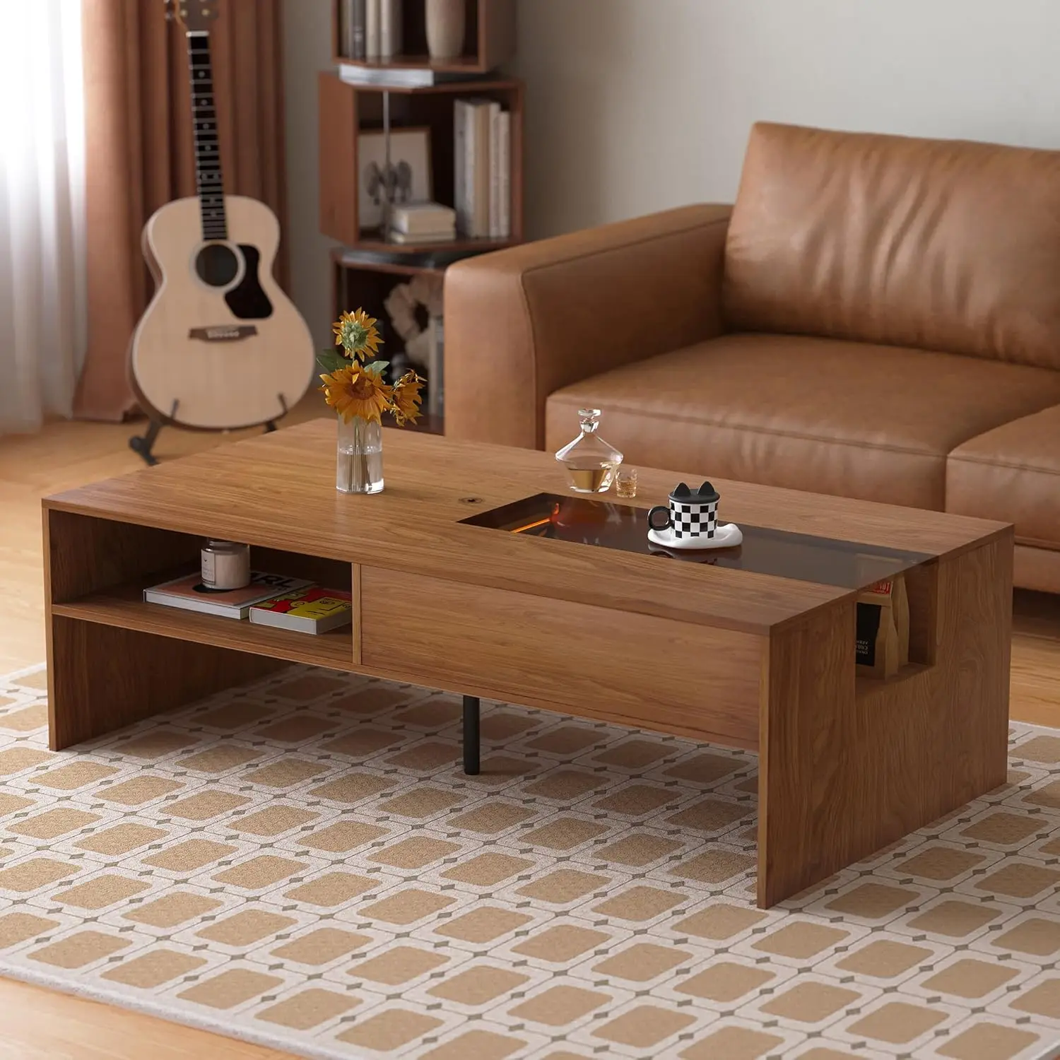 

Coffee Table with LED Lights, 51" Modern Rectangular Living Room Center Table with Storage Shelves & Hidden Compartment, Stylish