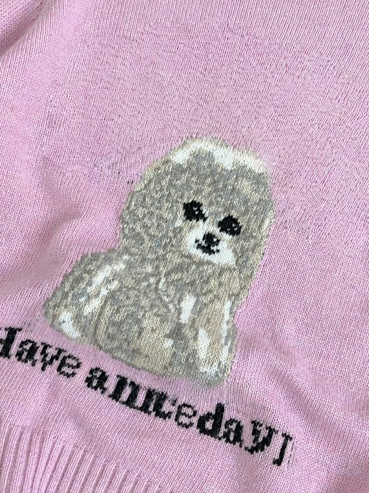   가을 겨울 여성 니트 스웨터 울 루즈핏 레터 패턴 강아지 프린트 따뜻한 보온 롱 스웨터 라운드 넥...