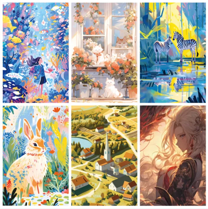 

Mixed Style Cartoon Jigsaw Puzzle, Underwater Fish Cat Zebra Rabbit Village Anime Character Multi Scene Wall Decor Gift