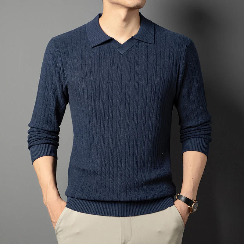 100% cotone uomo maglione alla moda 2025 autunno inverno colletto rovesciato maglieria maglione a maniche lunghe polo in maglia di puro cotone