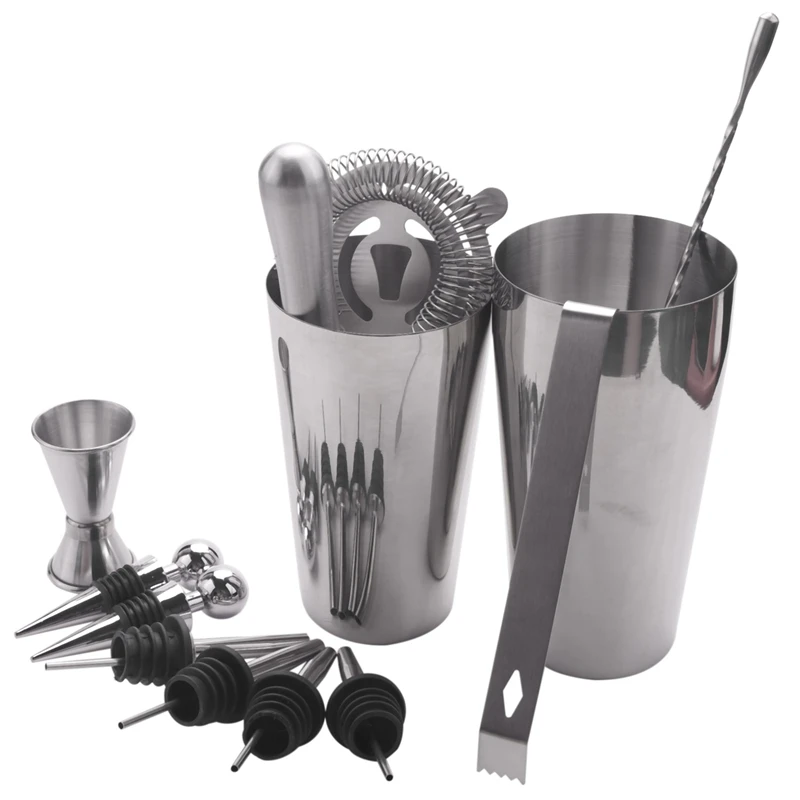 Stainless Steel Boston Cocktail Shaker Bar Set Tools With 28Oz/20Oz Shaker Tins, Measuring Jigger, Mixing Spoon, Liquor Pourers,