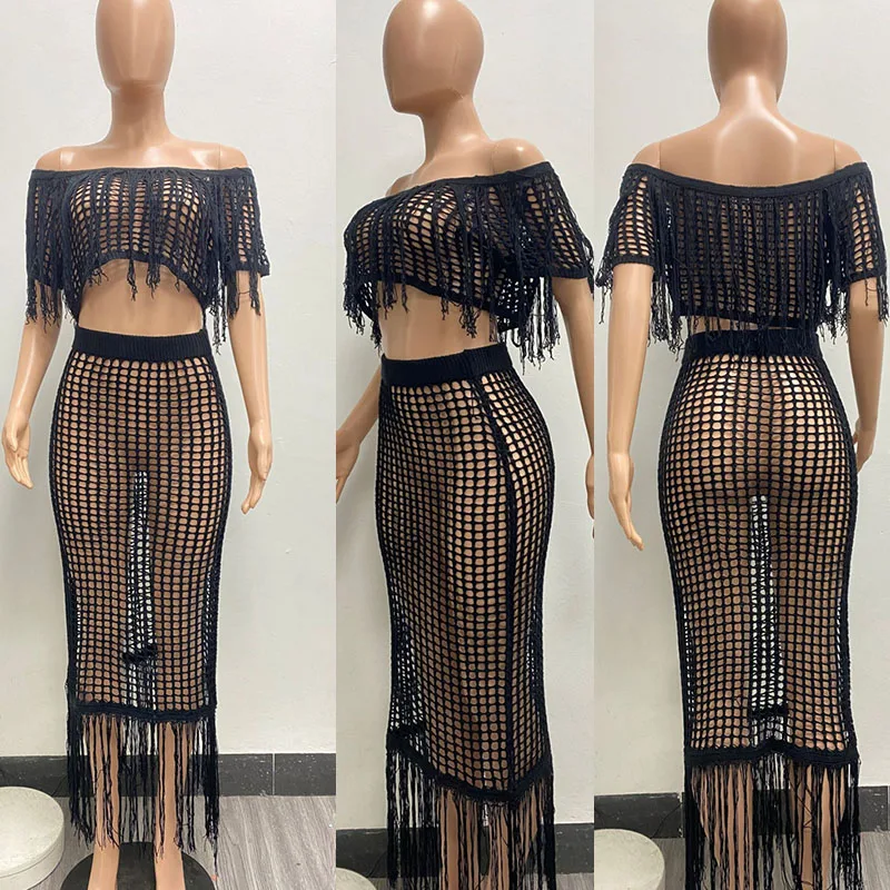 Sexy Crochet Hollow Out Beach Party 2 Piece Dress Sets Women Vacation Outfit Tassel Fringed Crop Top and Long Skirt Sets Summer