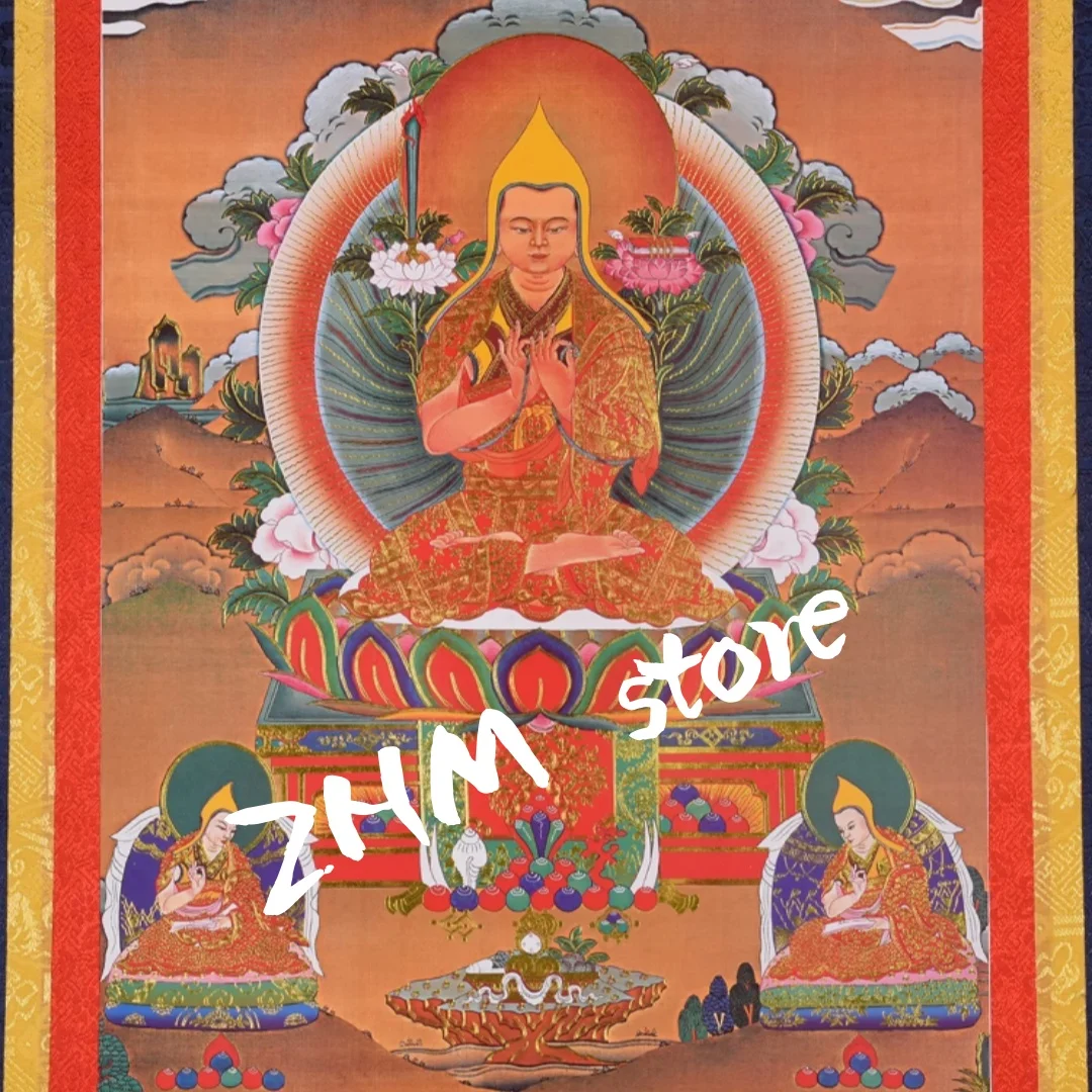 Thangka Painting Hanging Scroll Gold-Stamped Tsongkhapa Master Depiction of Three Buddha Figures (Master And Disciples)