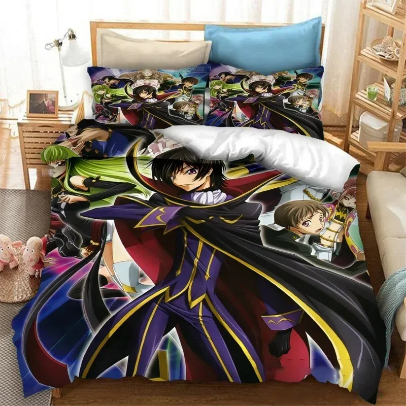 Funda nórdica Geass con código de anime impreso en 3D Lelouch C.C. Juego de cama doble tamaño Queen King ropa de cama para niños y adultos funda de edredón