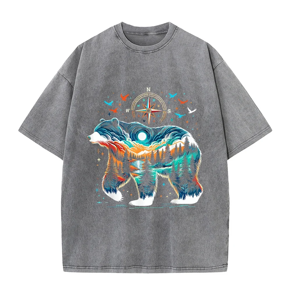 Retro Forest Bear Wildlife Animal Nature Camping T-Shirt T Shirts Man Streetwear Clothing 티셔츠 Street Wear Cotton Tee Short