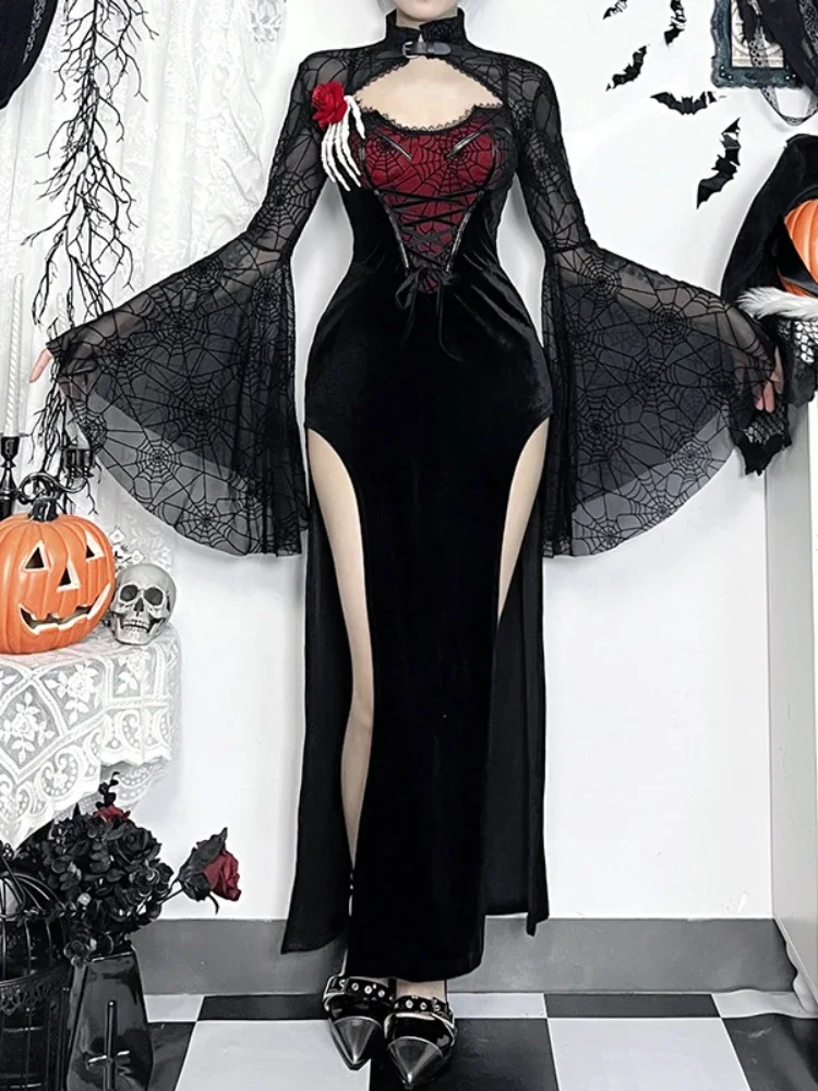 AltGoth Gothic Dark Halloween Cosplay Dress Women Vintage Streetwear Fairycore Grunge Spiderweb High Waist Bandage Corset Dress