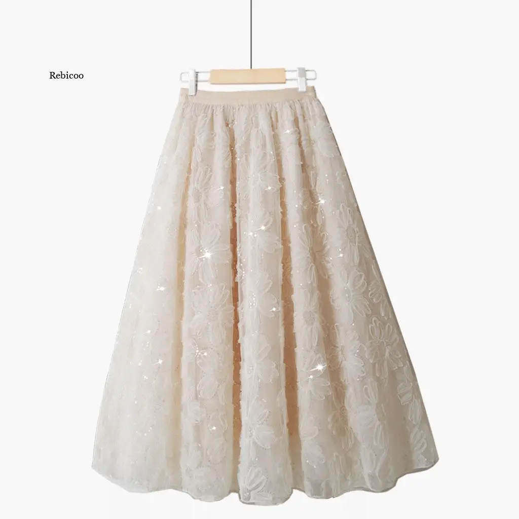 

Luxury Woman Skirts 2021 Korean style Fashion Elastic Waist Appliques Embroidery Floral Mesh Skirt Long Gauze Ball Gown Skirt