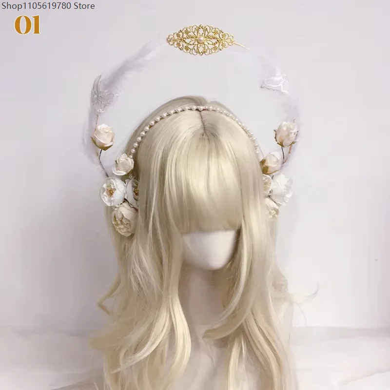 Delicate Flower Halo Tiara Angel Feather Headband Goddess Queen Princess Lolita Cosplay Daily Party Stage Decor Head Accessories