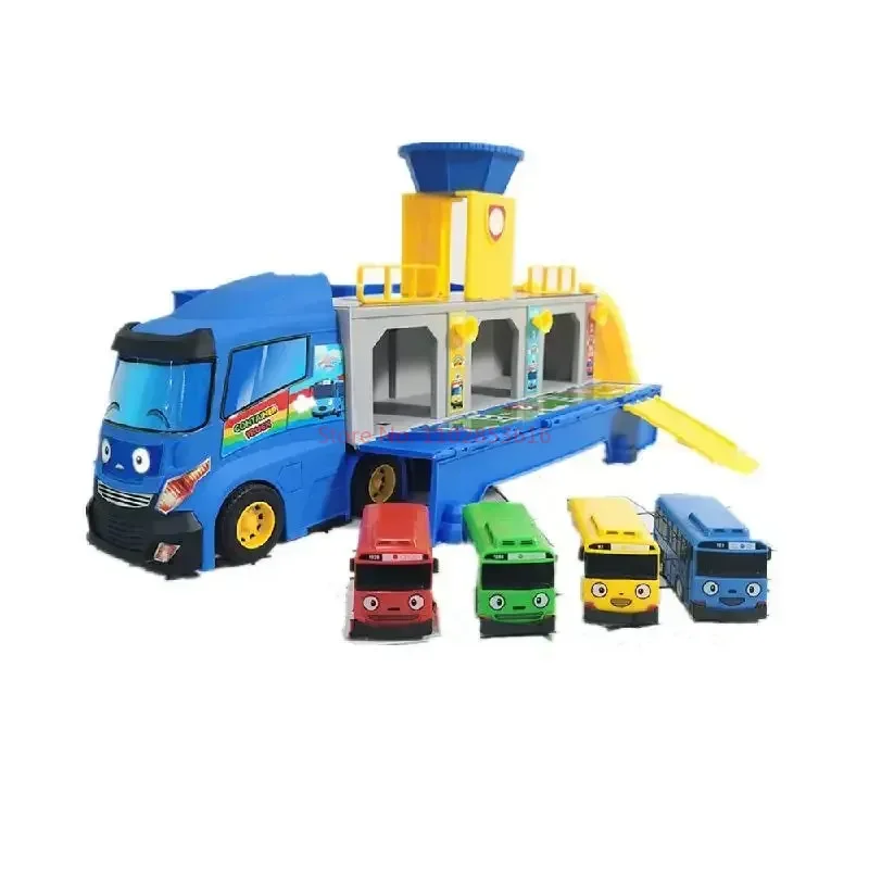 Cartoon Tayos De Kleine Bus Container Truck Opbergdoos Parkeerplaats Met 3 Pull Back Mini Auto Speelgoed Voor Kinderen Verjaardagscadeaus